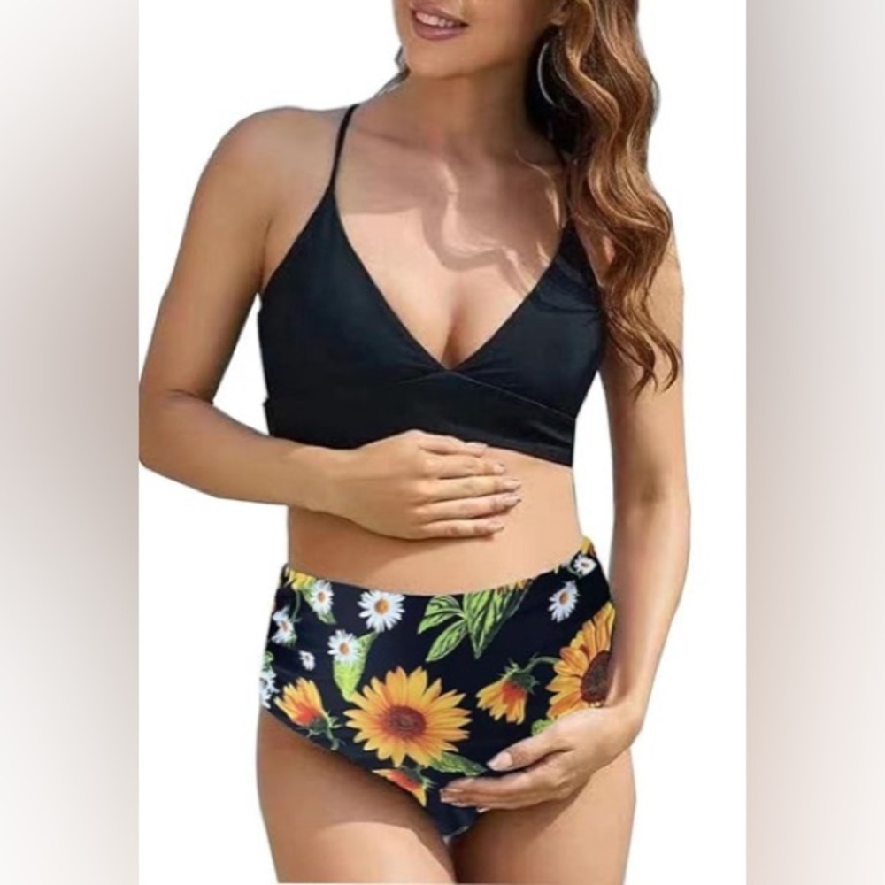 Maternity Two Piece Bikini Criss Cross Black Yellow Sunflower Swimsuit Small